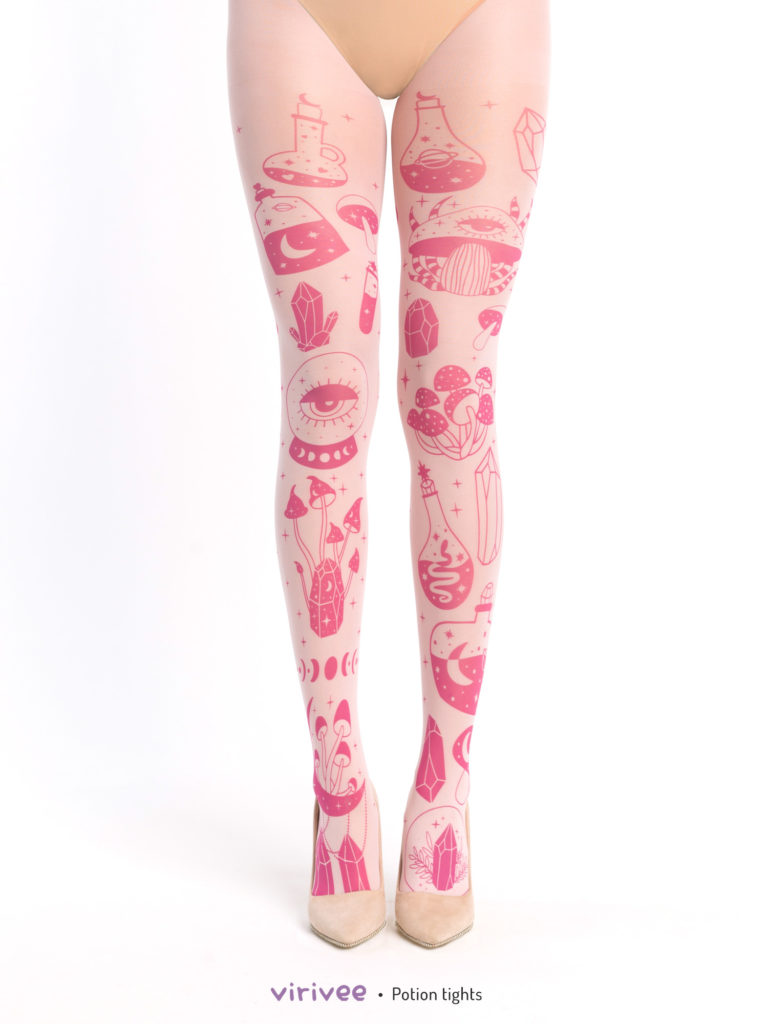 Pastel goth tights with potion and mushroom print